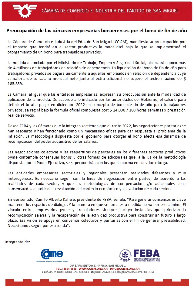 Preocupación de las cámaras empresarias bonaerenses por el bono de fin de año